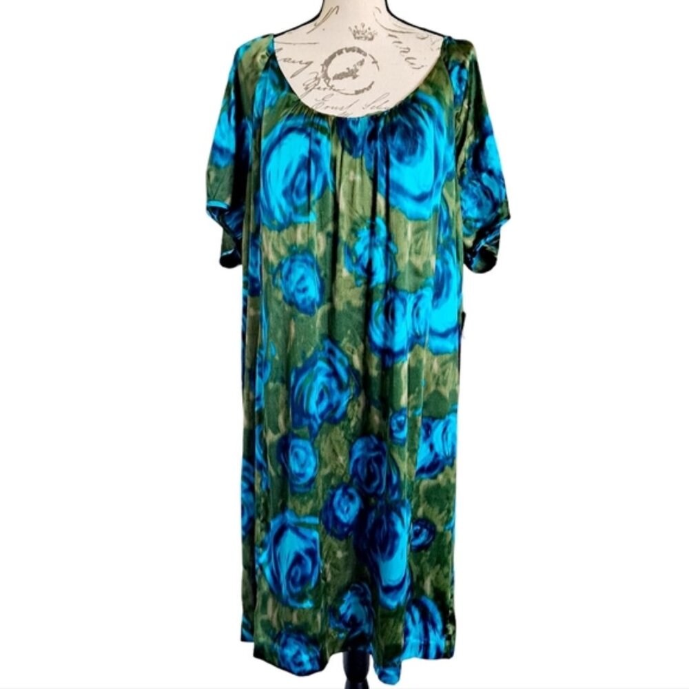 Kate Hill silk blend Blue Green floral midi hawaiian vacation dress plus 18W